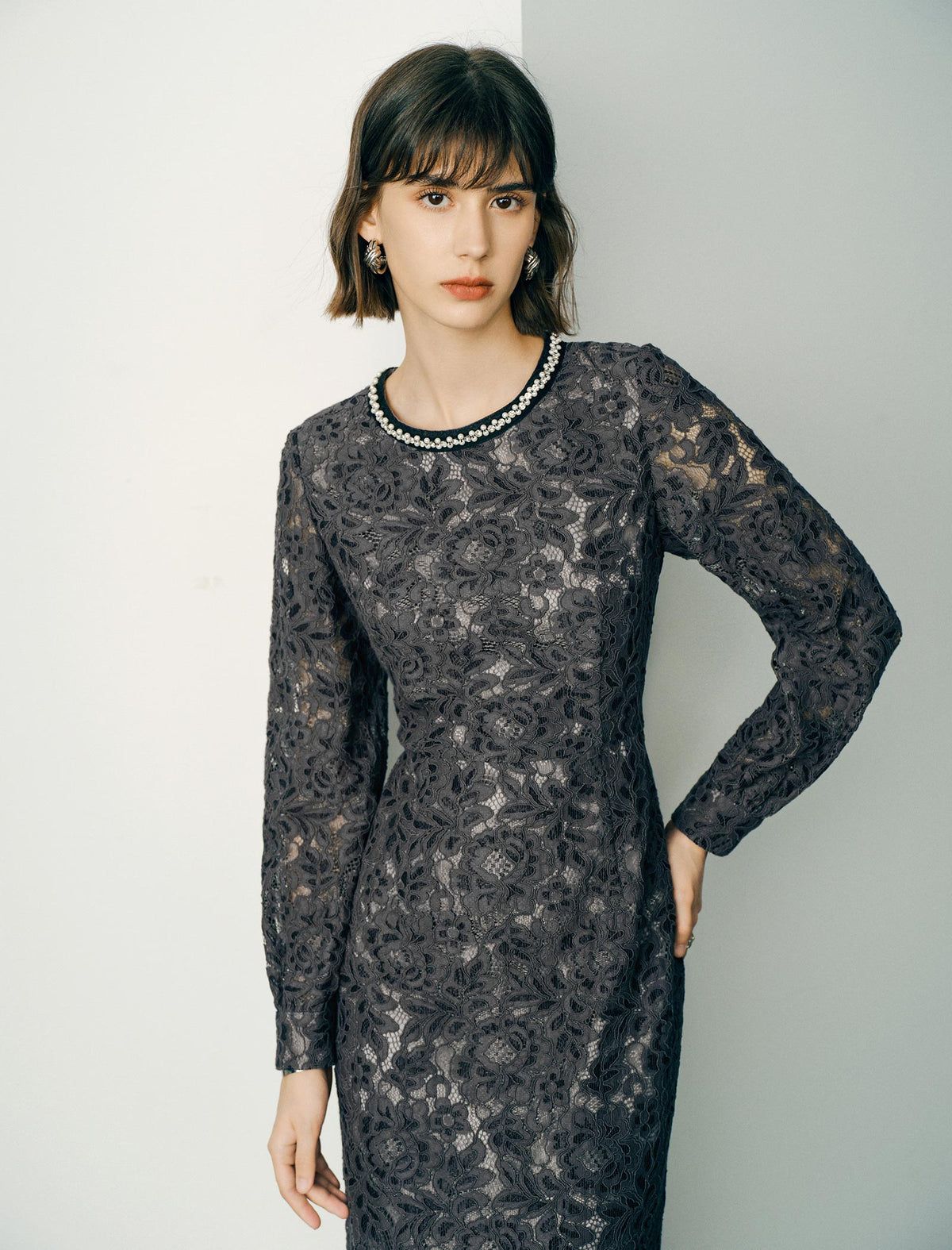 Lace Beaded Neckline Midi Dress