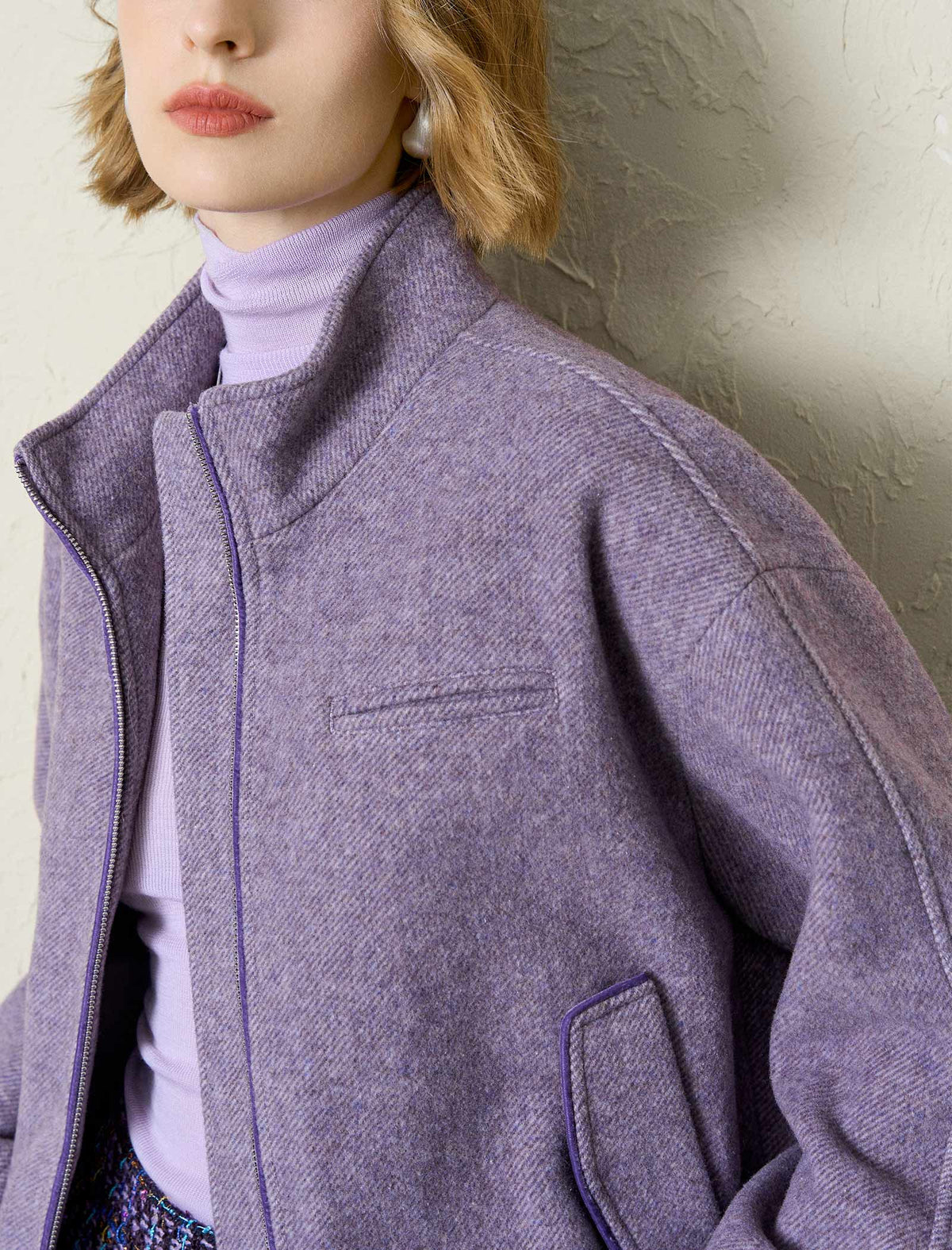 Lavender Textured Wool Blend Bomber Jacket