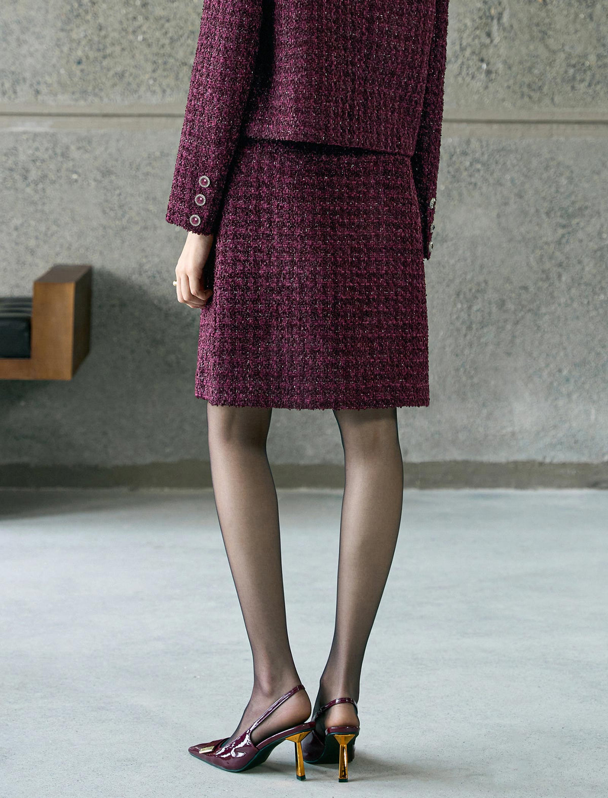 Burgundy Tweed Wool-Blend Mini Skirt
