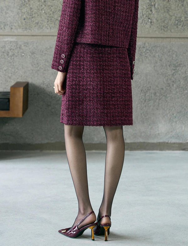 Burgundy Tweed Wool-Blend Mini Skirt