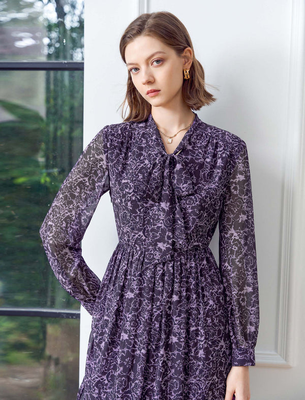 Purple Floral Tie-Neck Midi Dress