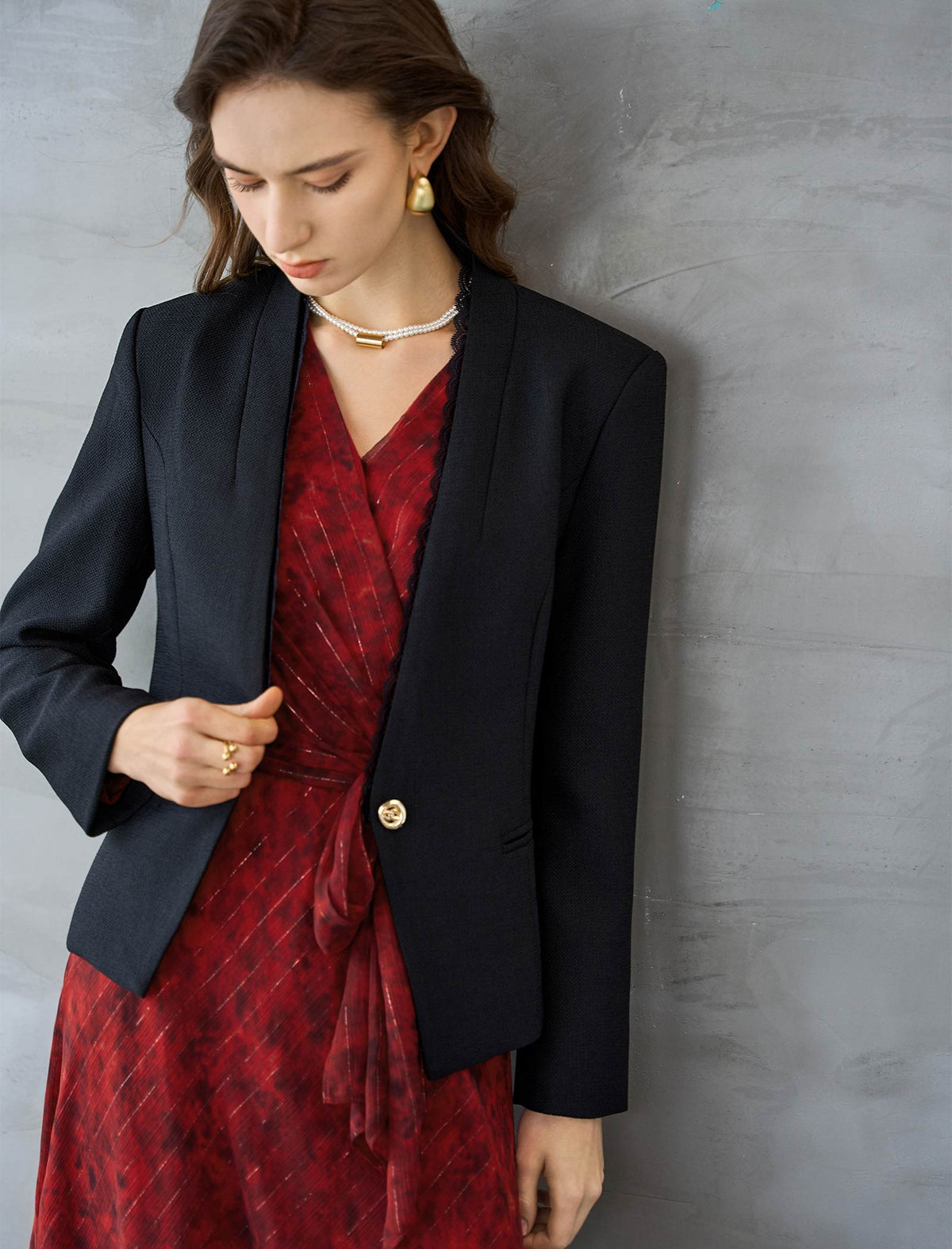 Lace Trim Collarless Blazer
