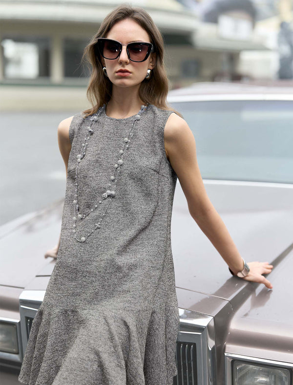Heathered Mixed-Yarn Sleeveless Ruffle-Hem Dress