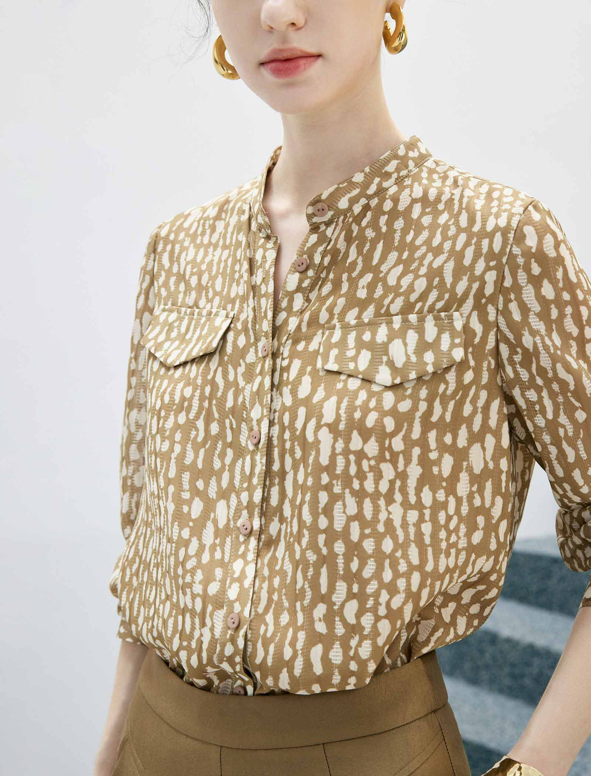 Floral Print Ruffle Neck Long Sleeve Blouse