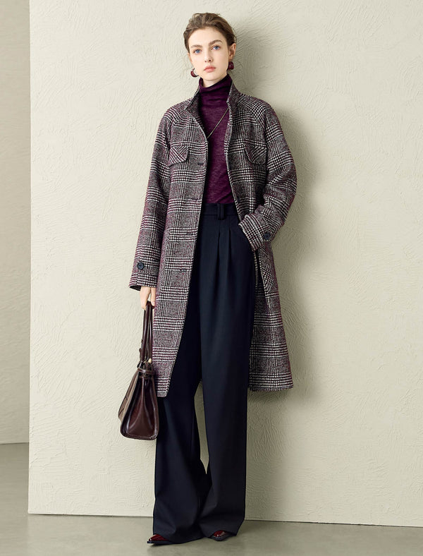 Classic Plaid Wool-Blend Stand Collar Coat