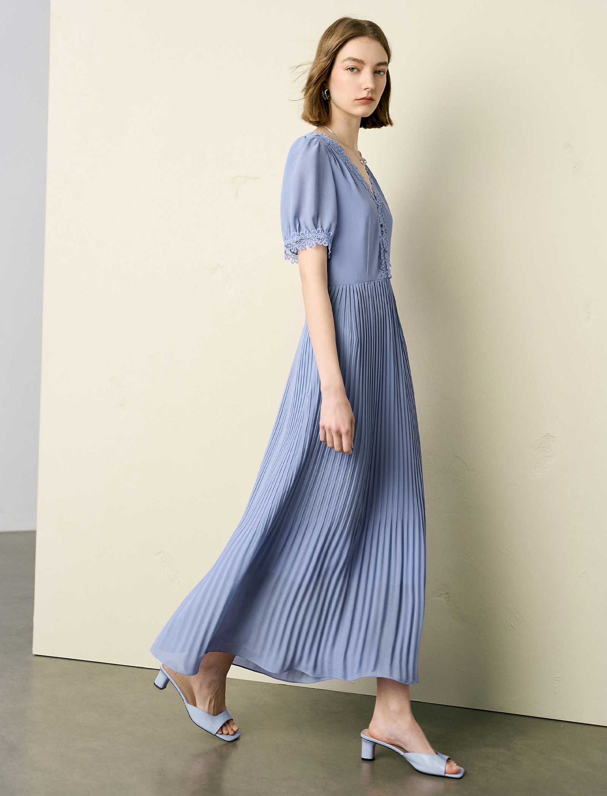 Pleated Lace-Trim Maxi Dress