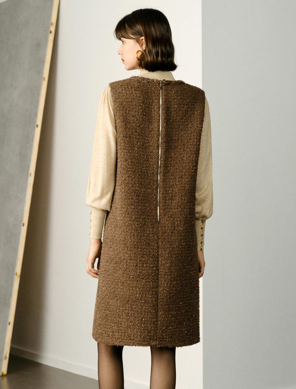 Brown Wool Loose Sleeveless Midi Dress