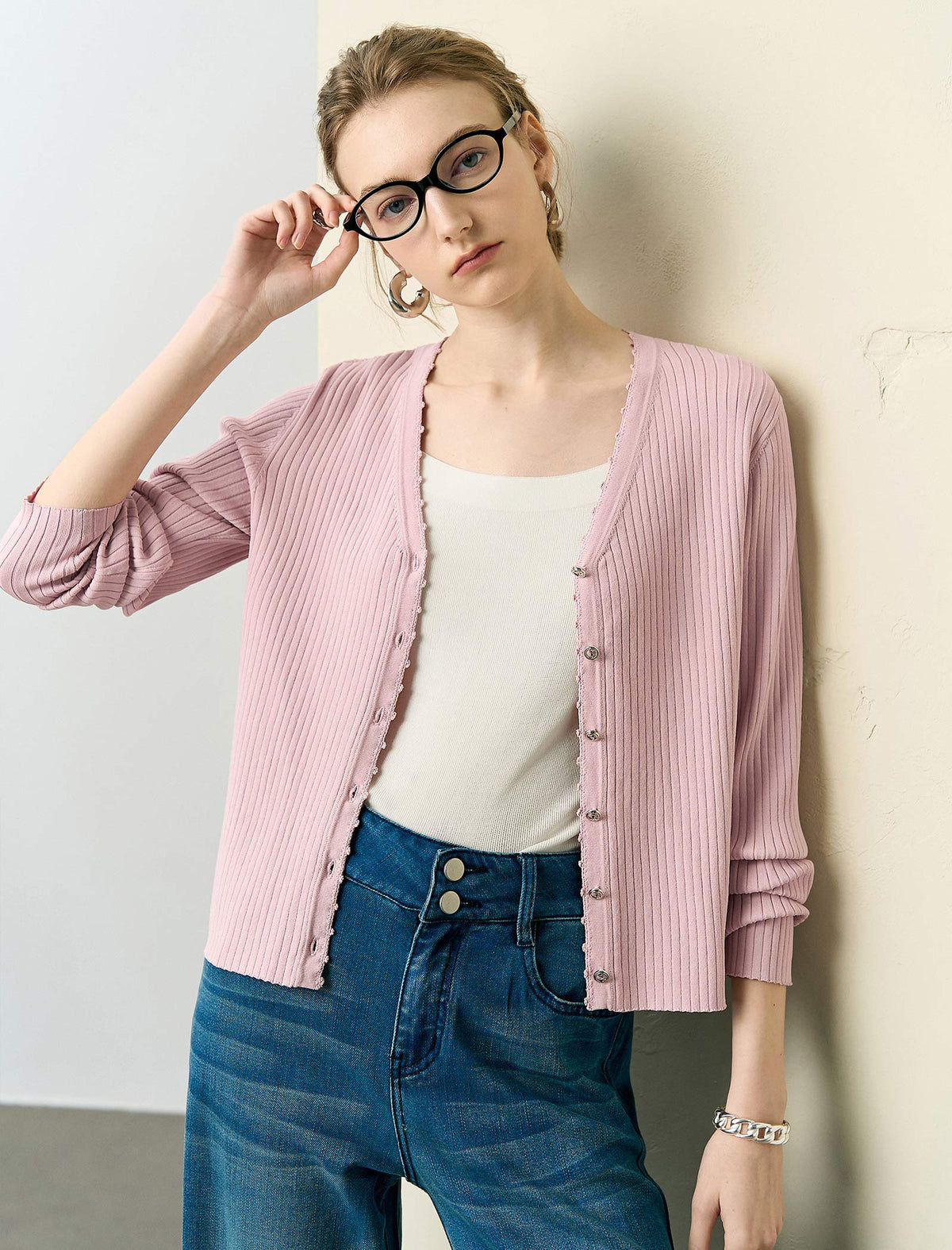 Ribbed Knit V-Neck Cardigan
