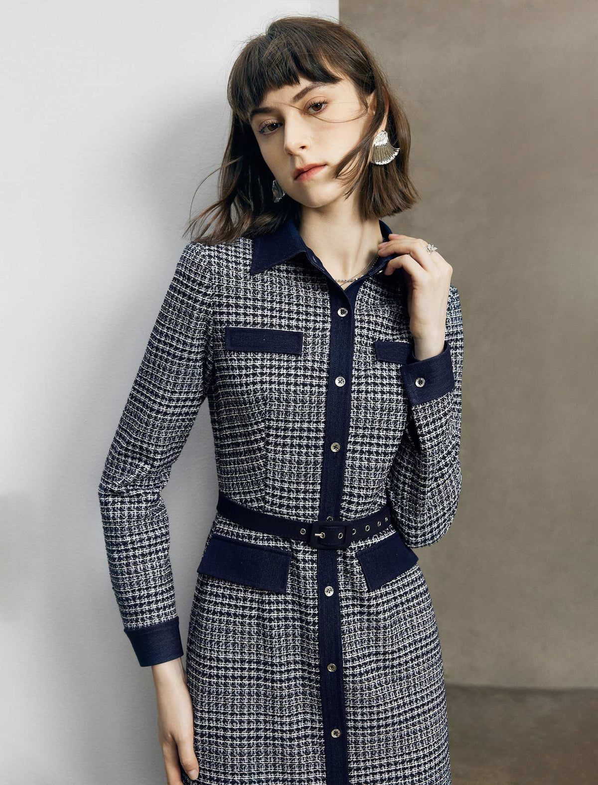 Colorblock Collared Pocket Fitted Dress