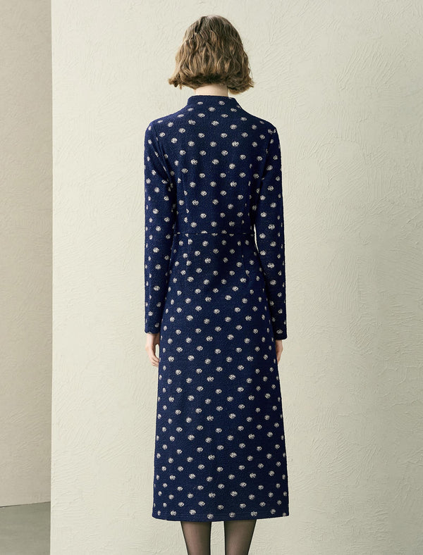 Textured Dot Print Mock Neck Twist-Front Midi Dress