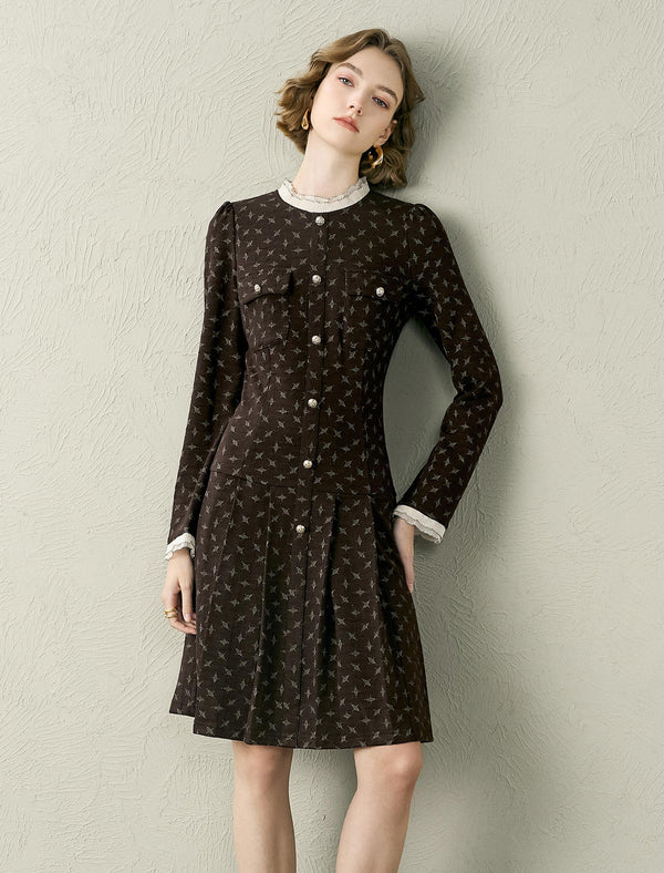 Floral Printed Lace Trim Pleated Mini Dress