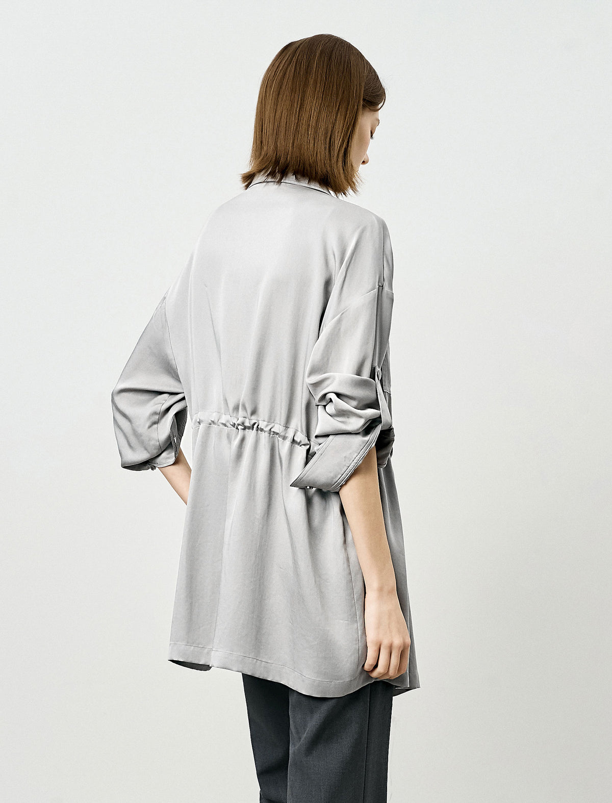 Gray Tencel Waist-Defining Mid-Length Shirt Cardigan