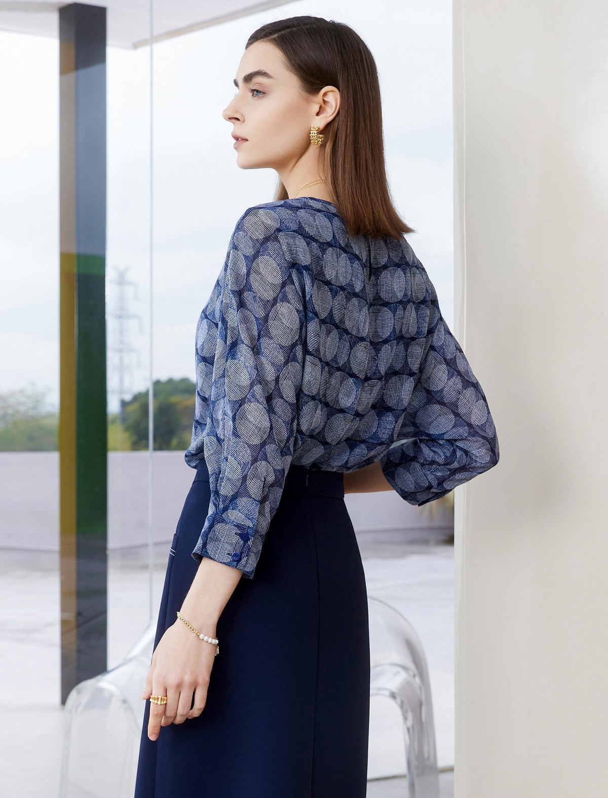 Vintage Printed Round Neck 3/4 Sleeve Blouse