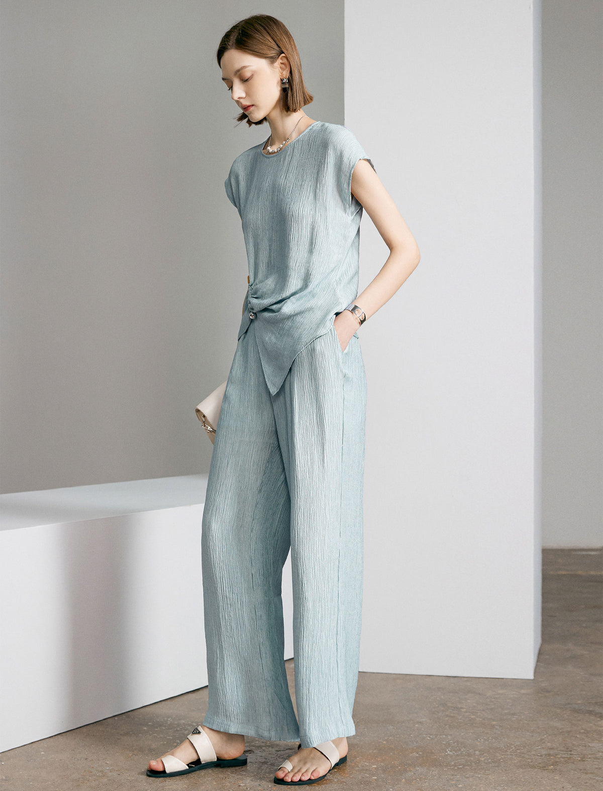 Crinkle Satin‑Feel Wide‑Leg Air Pants