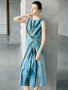 Watercolor Blue Twist Waist Sleeveless Midi Dress