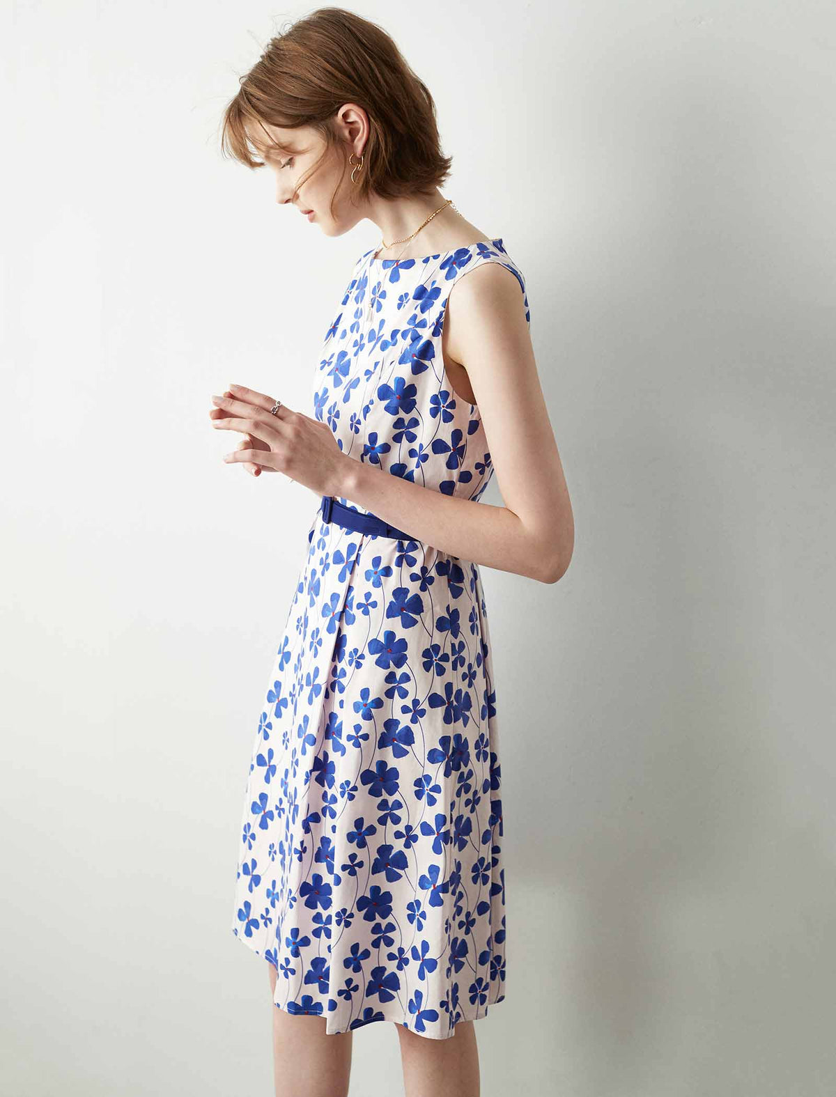 Sleeveless Blue Floral Belted Dress