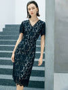 Black Floral Lace V-Neck Short Sleeve Fit And Flare Midi Dress
