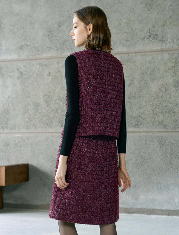 Red Tweed Vintage V-Neck Vest Coat