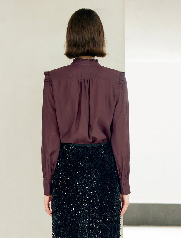 Elegant Ruffled Stand Collar Long-Sleeve Blouse