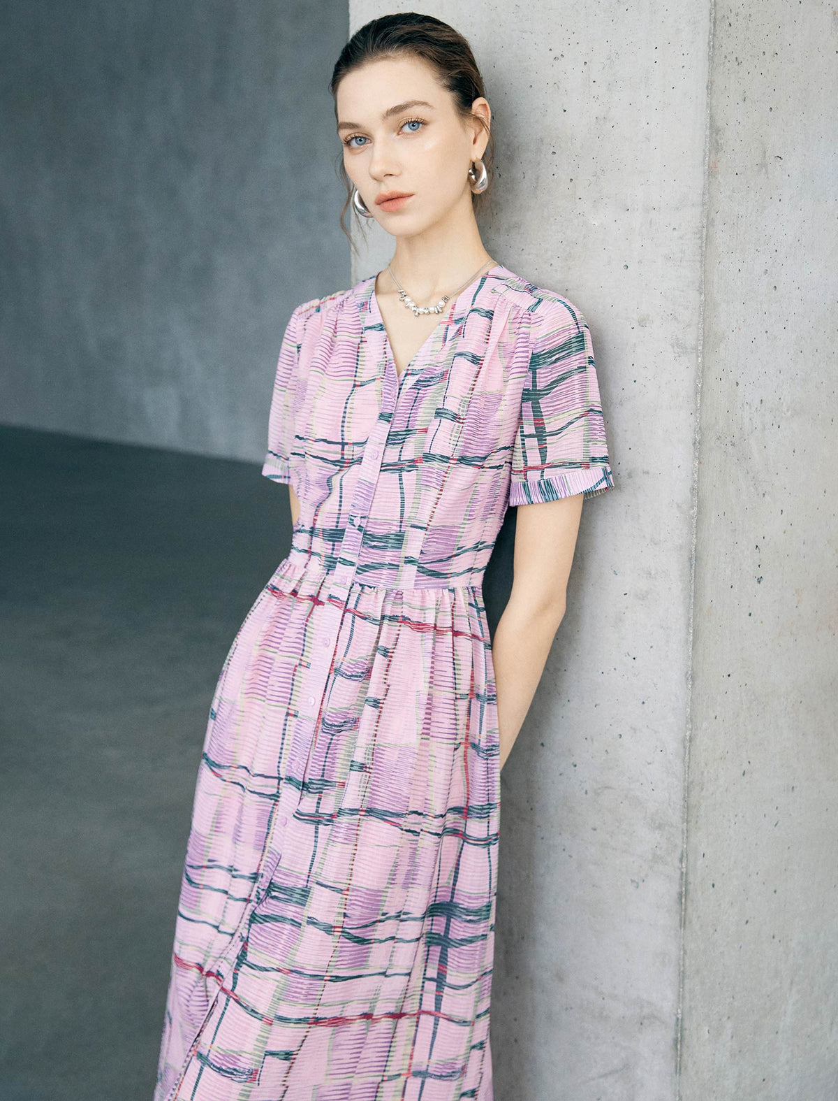 Pink Multi-Color Plaid Short Sleeve Midi Dress