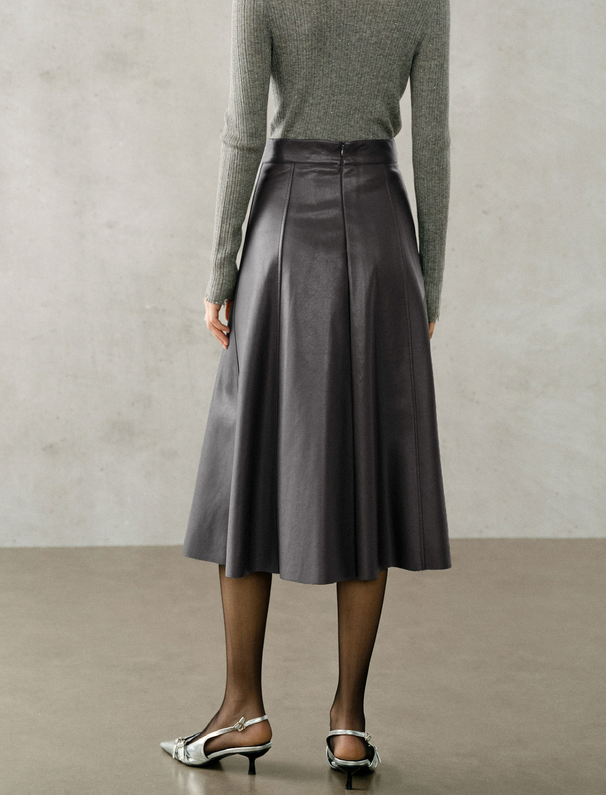 High-Waist Faux Leather A-Line Midi Skirt