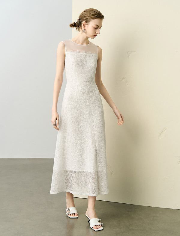 Sheer Neckline Lace Midi Dress