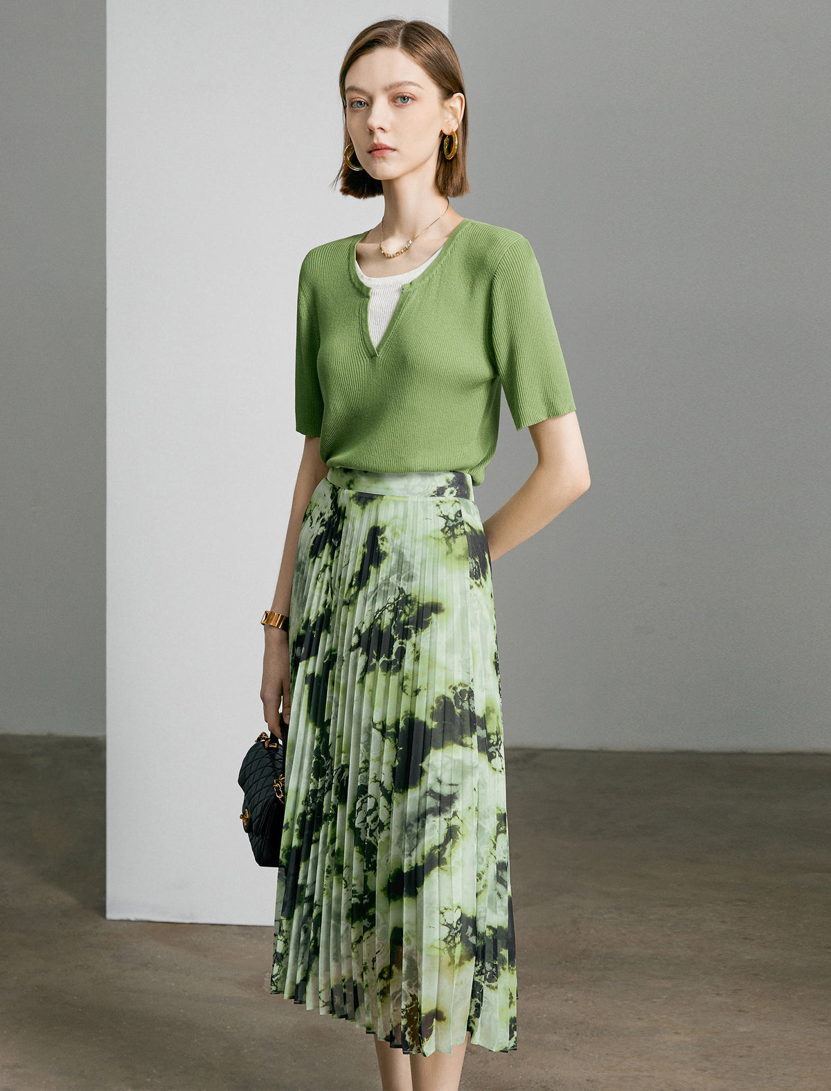 Leaf Green Ribbed V-Neck Layered Knit Top