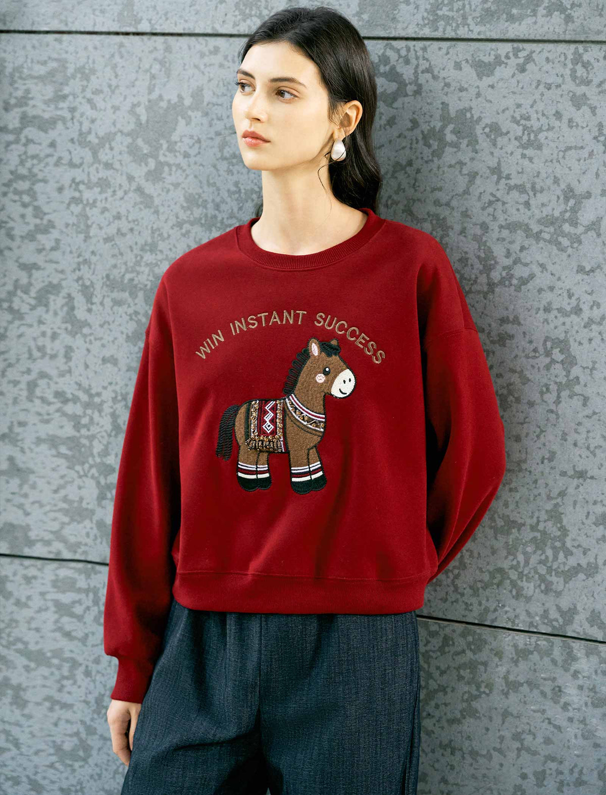 Cartoon‑Pony Embroidered Crew‑Neck Sweatshirt