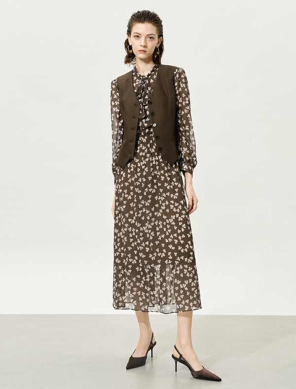 Brown Sheer Tie-Neck Floral Midi Dress