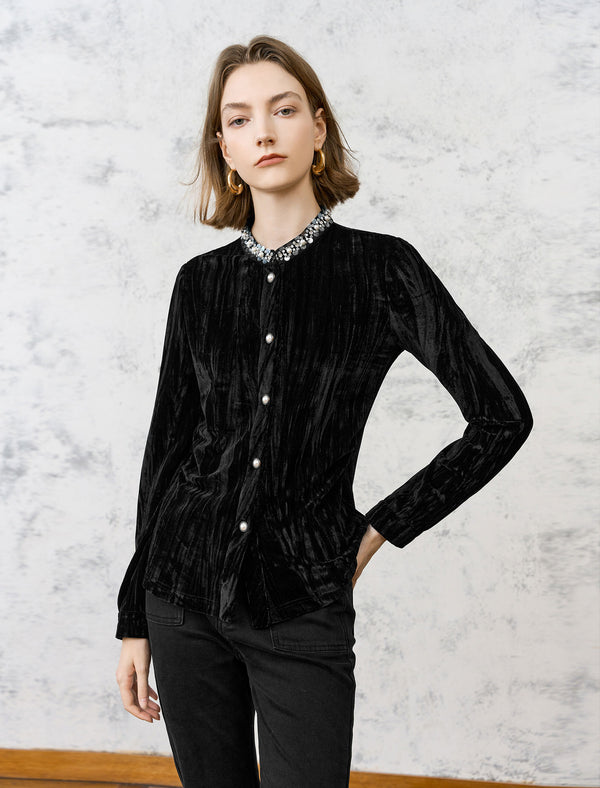 Black Velvet Embellished Button-Up Top
