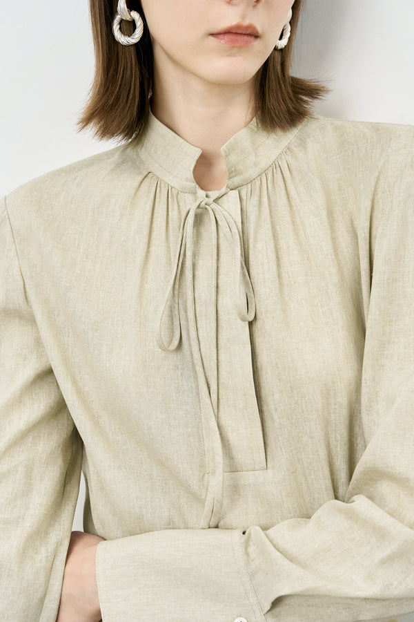 Linen Blend Tie-Neck Blouse