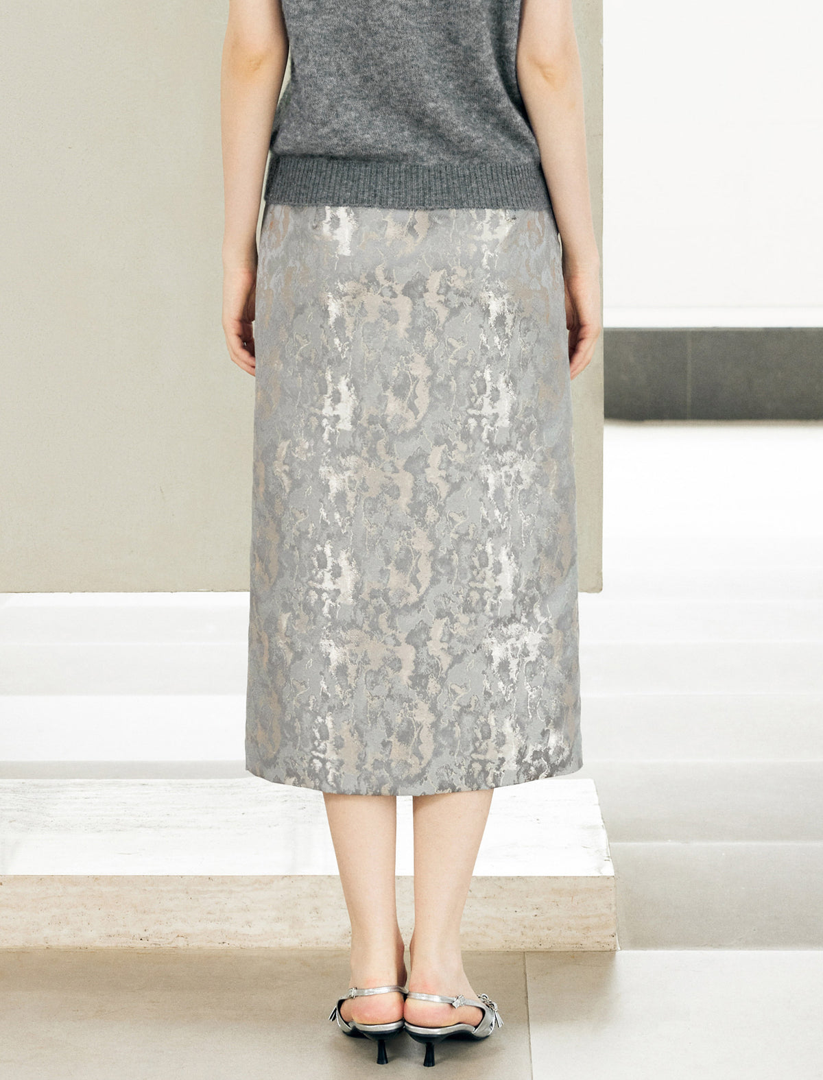 Front Slit Brocade Midi Skirt