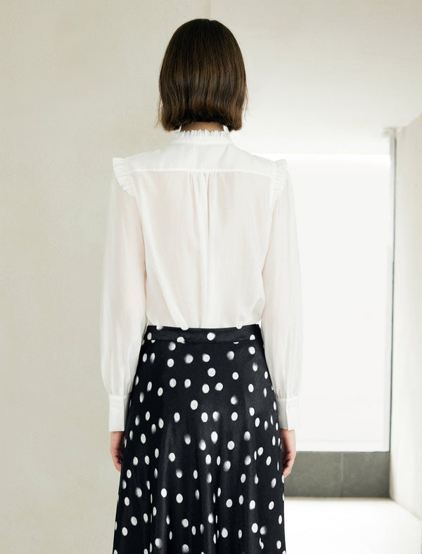 Elegant Ruffled Stand Collar Long-Sleeve Blouse