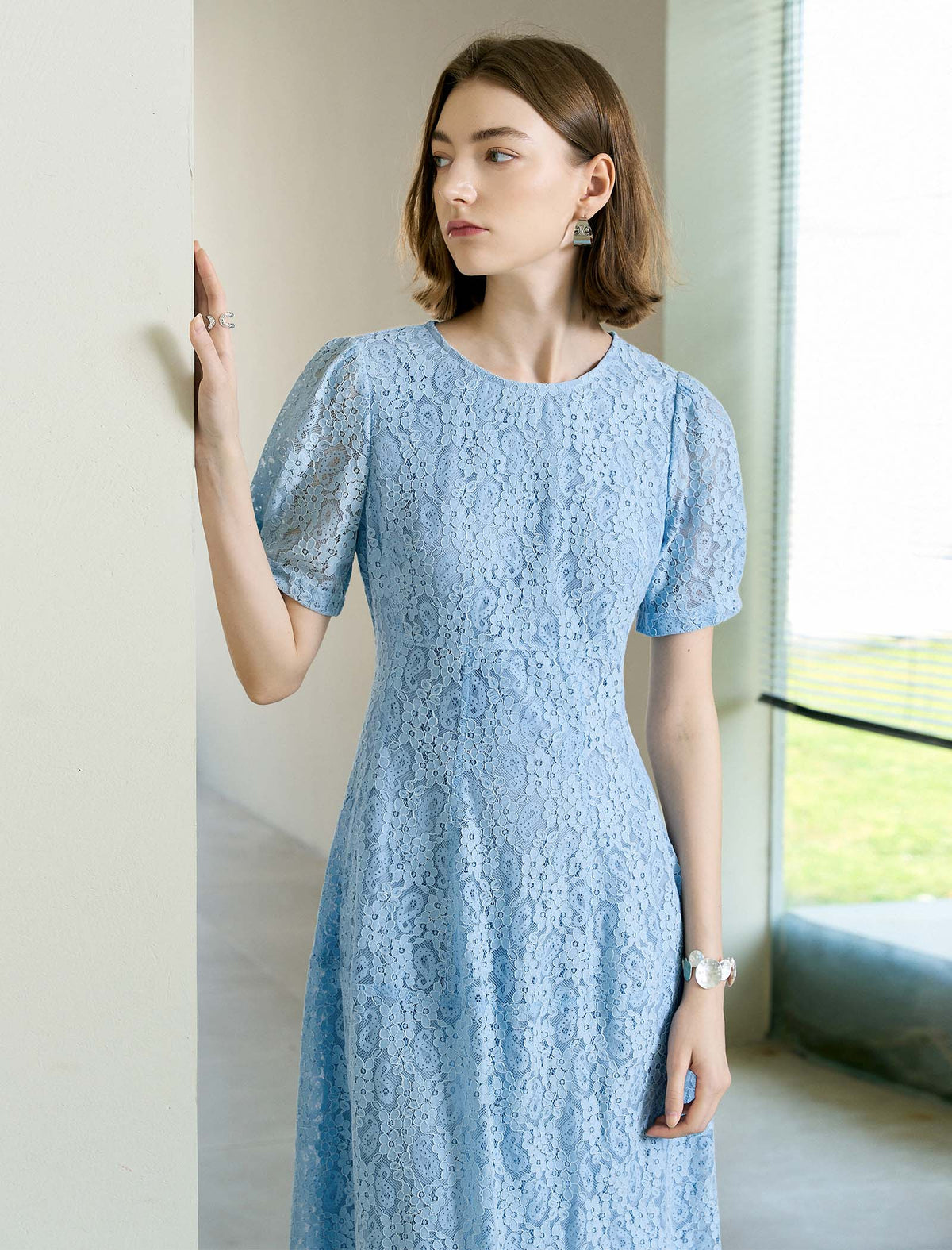 Light Blue Lace A-Line Midi Dress