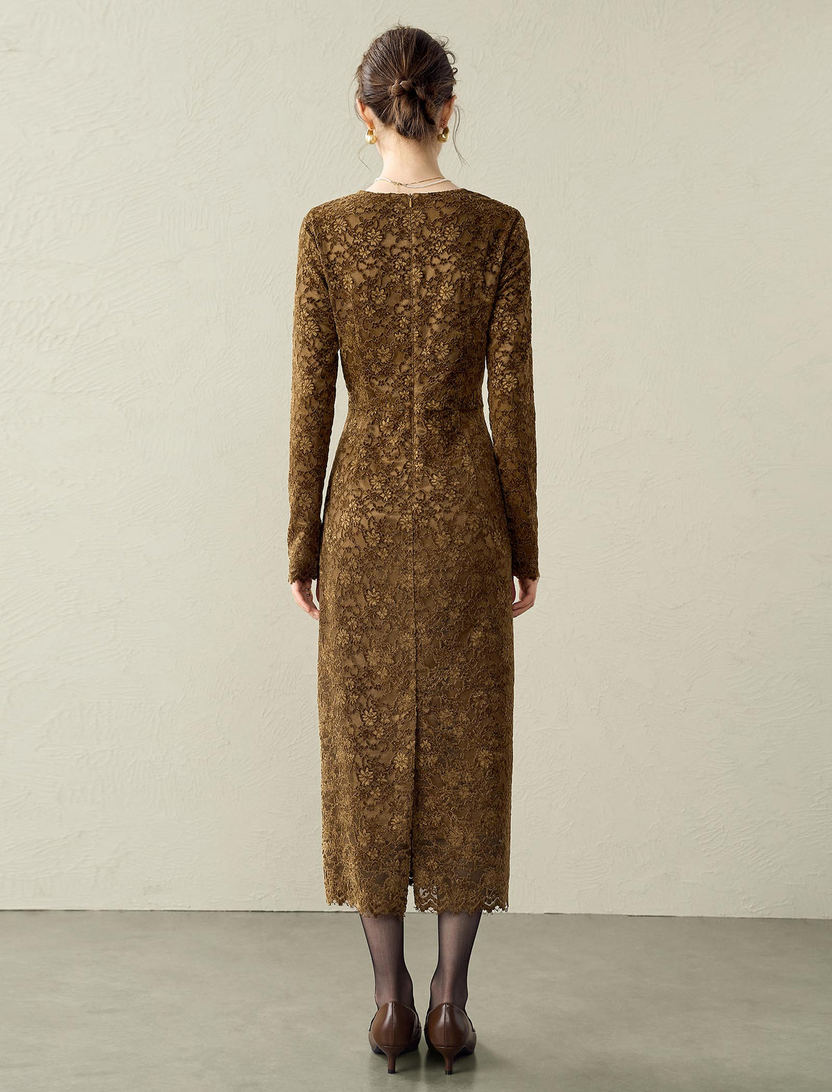 Brown Lace Ruched-Front Midi Dress
