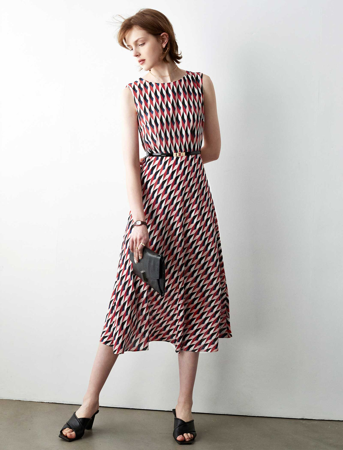 100% Silk Geometric Print Sleeveless Midi Dress