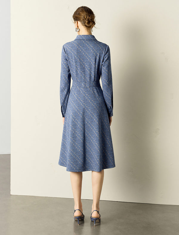 Vintage Lapel Waist-Defining Long-Sleeve Midi Dress