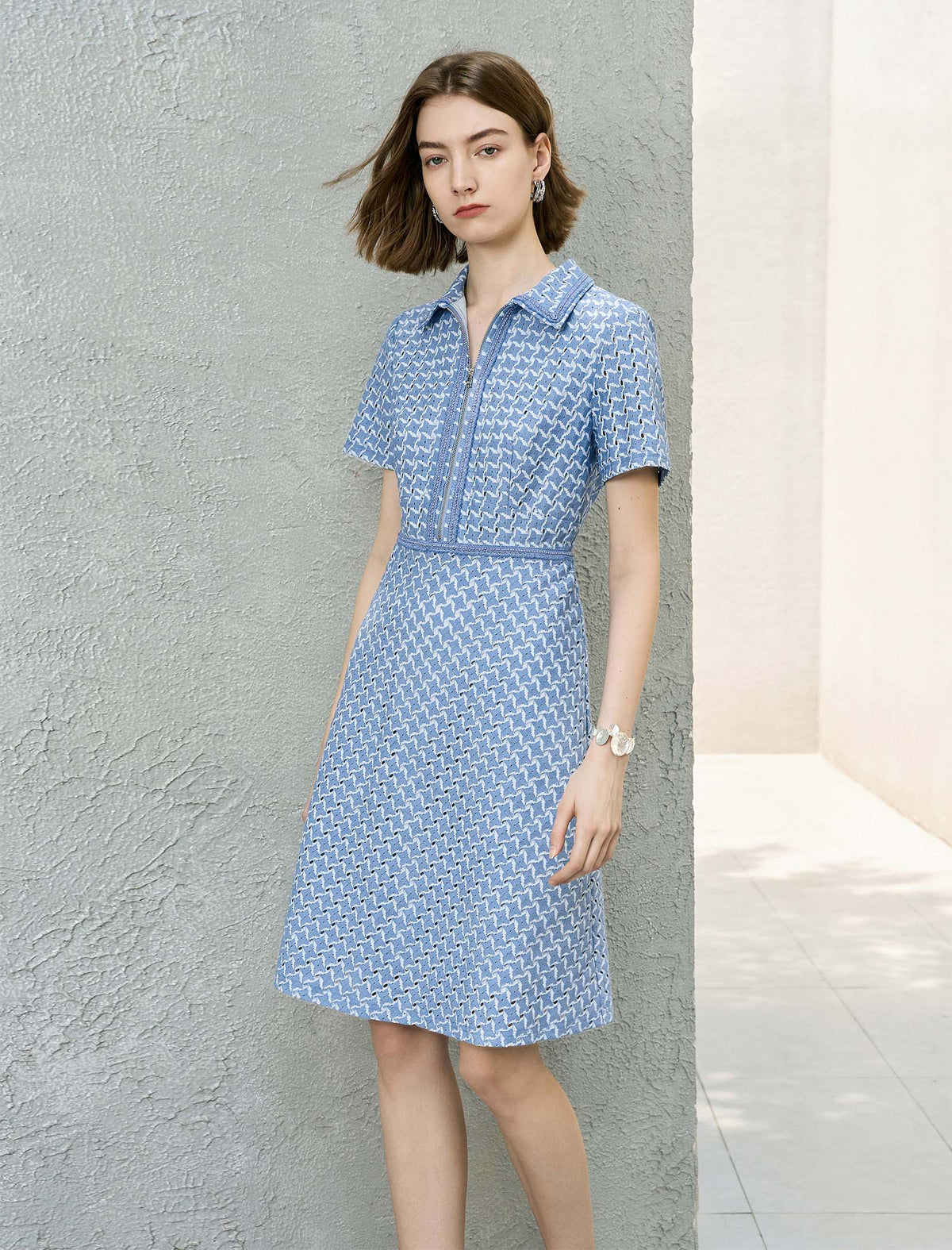 Blue Houndstooth Zipper Front Shirt Dress