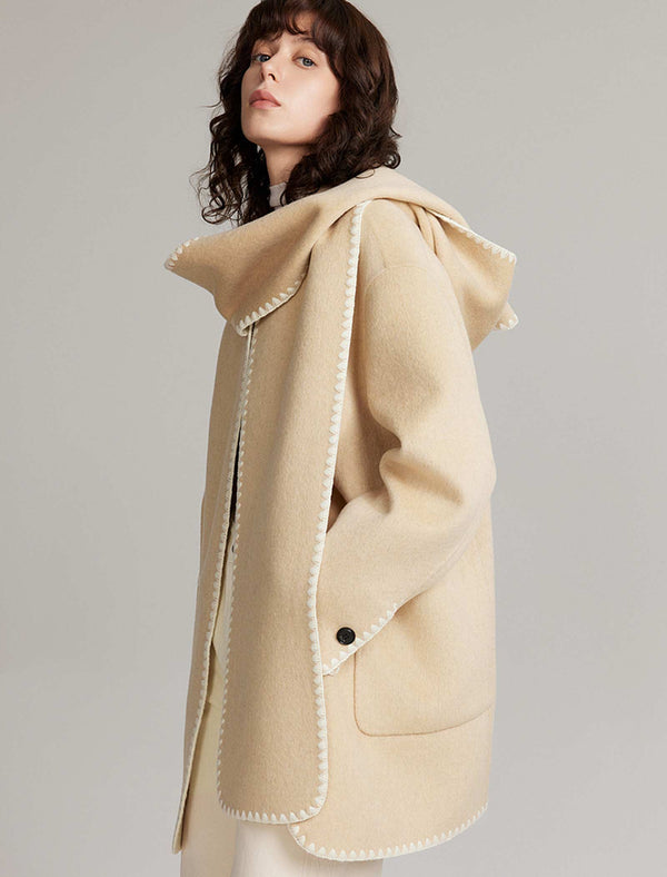 Wool-Blend Contrast Stitching Hooded Coat