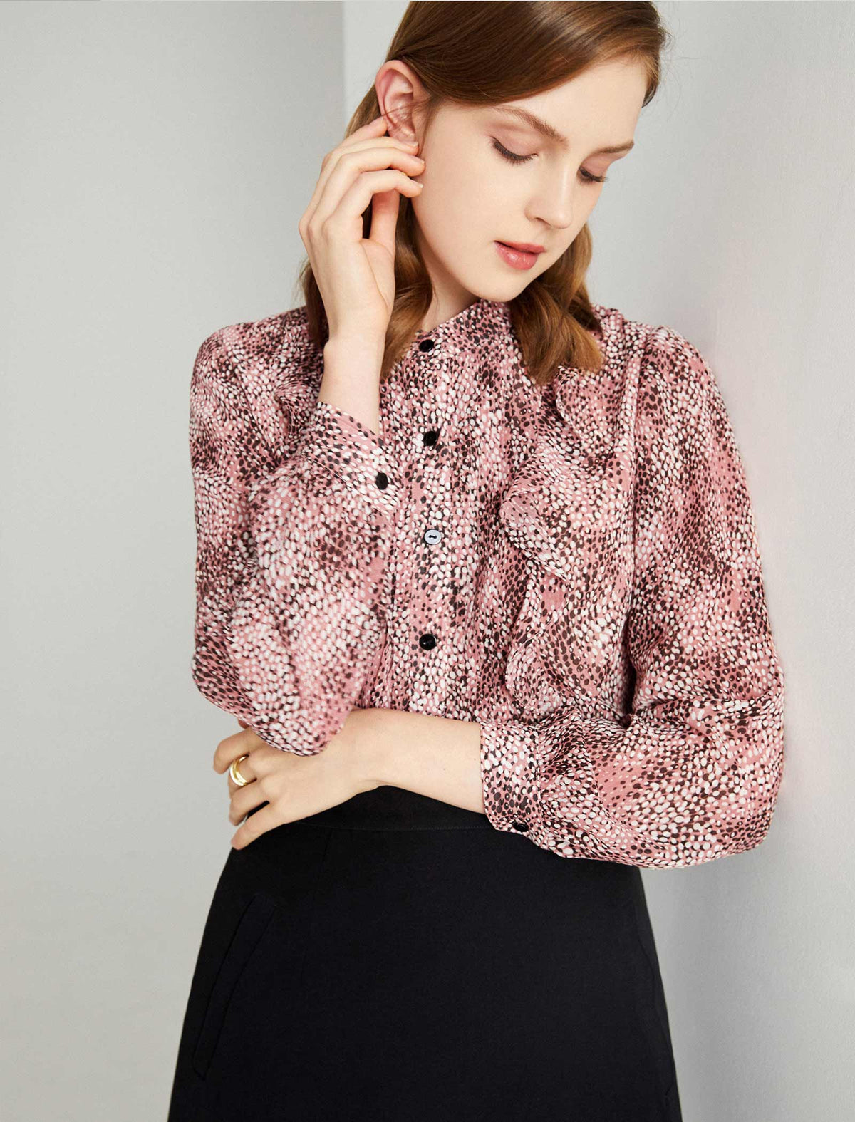 Print Ruffled Pleat Detail Blouse