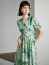 Teal Marble Print V-Neck Midi Dress