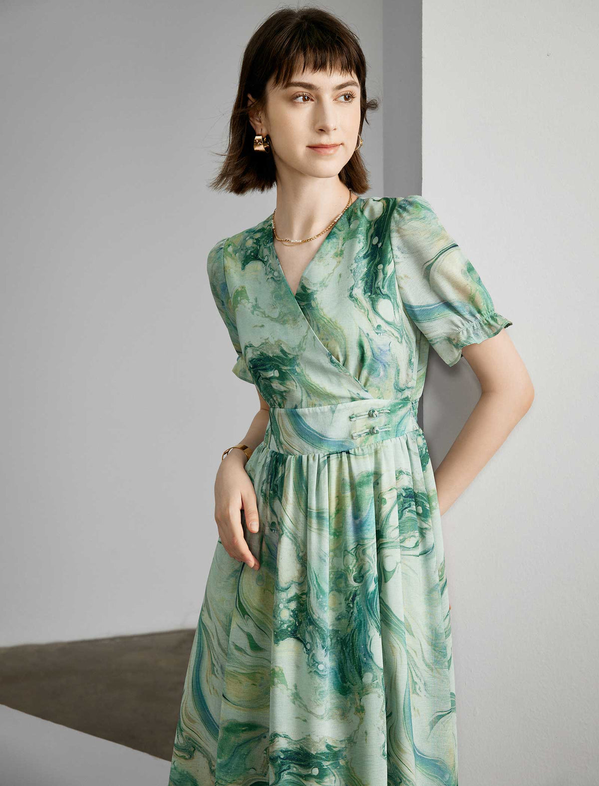 Teal Marble Print V-Neck Midi Dress