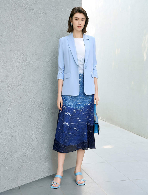 Single Button Ruched Sleeve Blazer