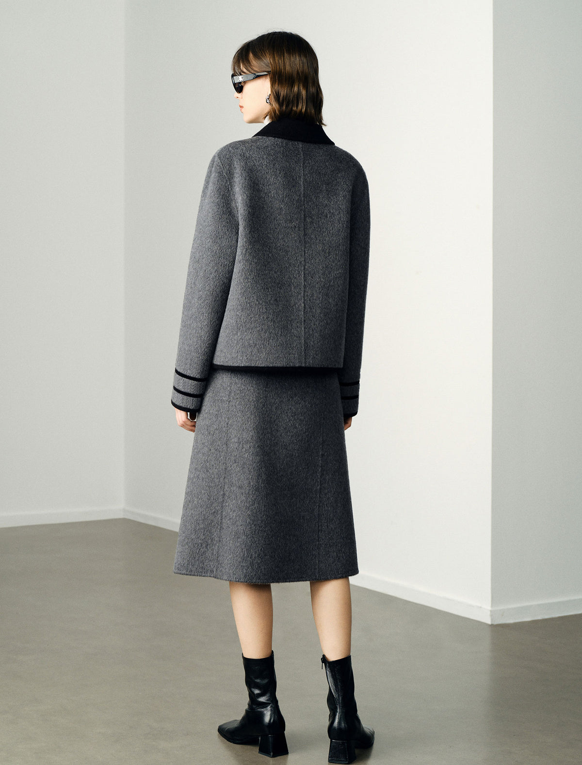 Wool Gray Double-Faced High-Waist A-Line Midi Skirt