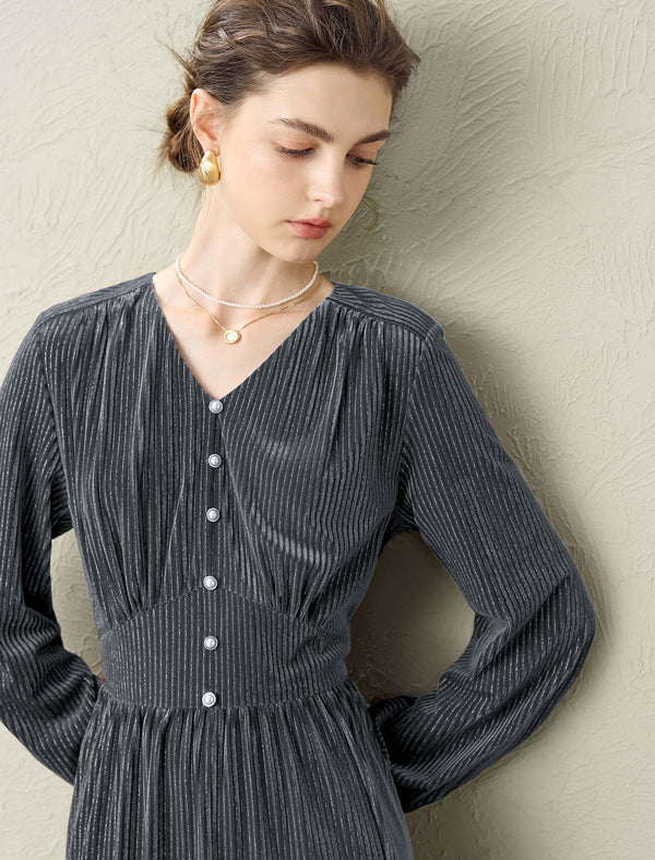 Velvet V-Neck Waist-Defining Elegant Midi Dress