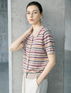 Vintage Striped Collared Short Sleeve Knit Cardigan Top