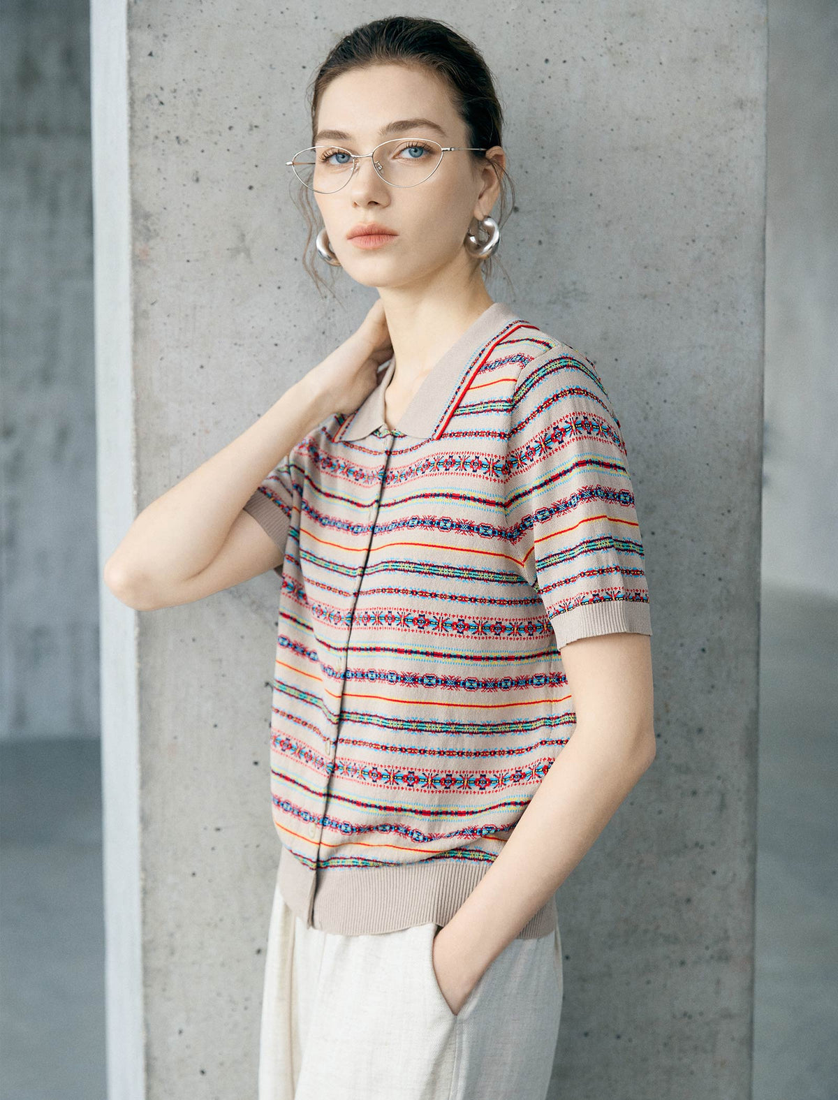 Vintage Striped Collared Short Sleeve Knit Cardigan Top