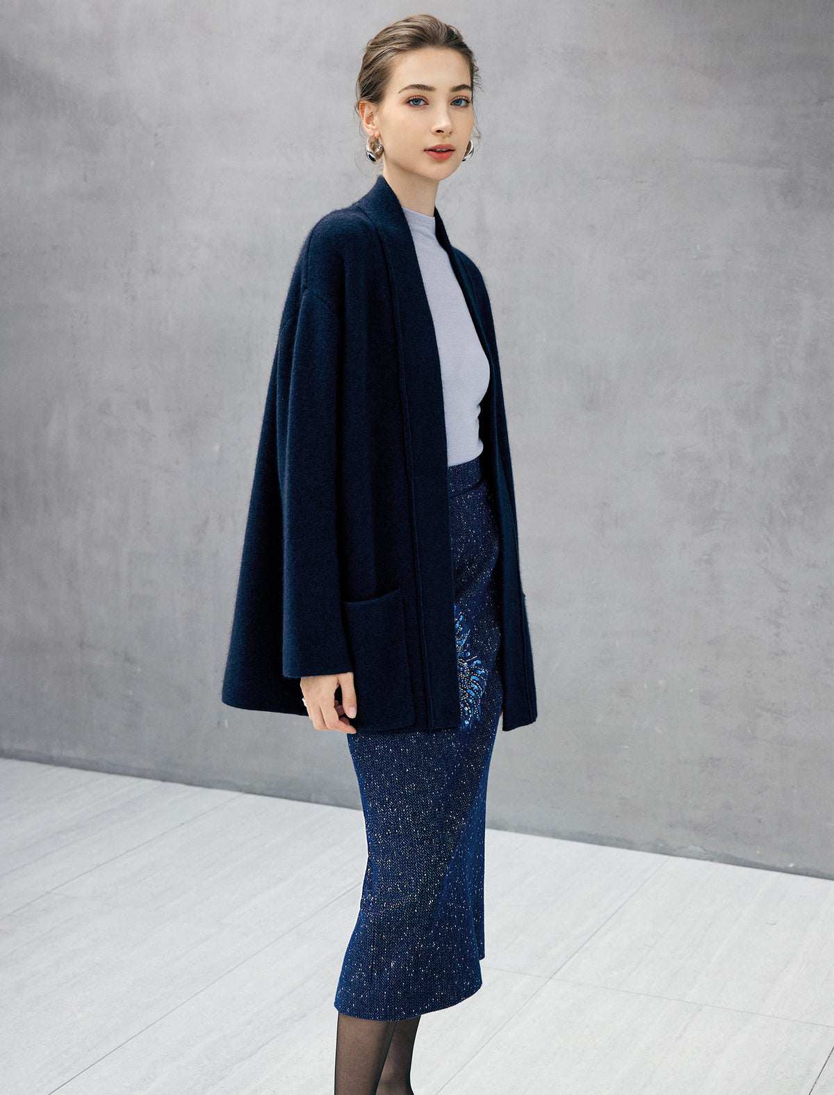 Wool Blend Shawl-Collar Open-Front Pocket Cardigan