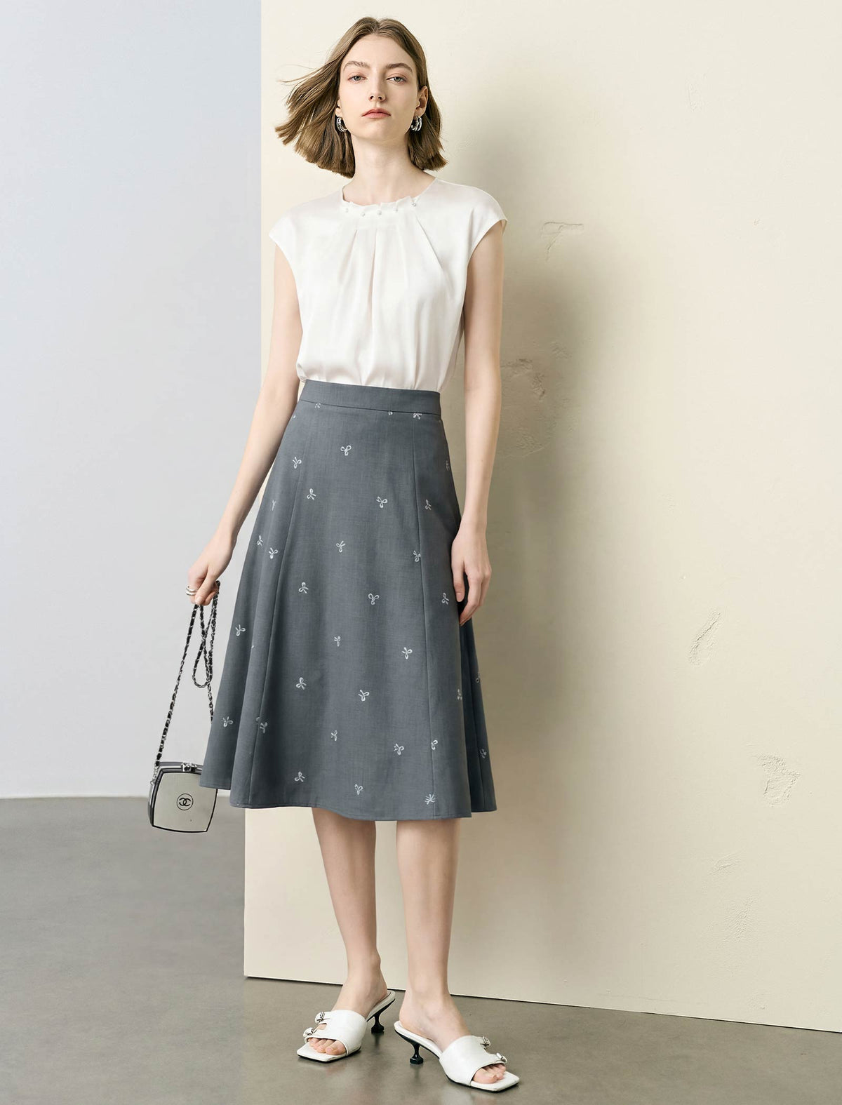 Grey Mini Bow Embroidery A-Line Midi Skirt