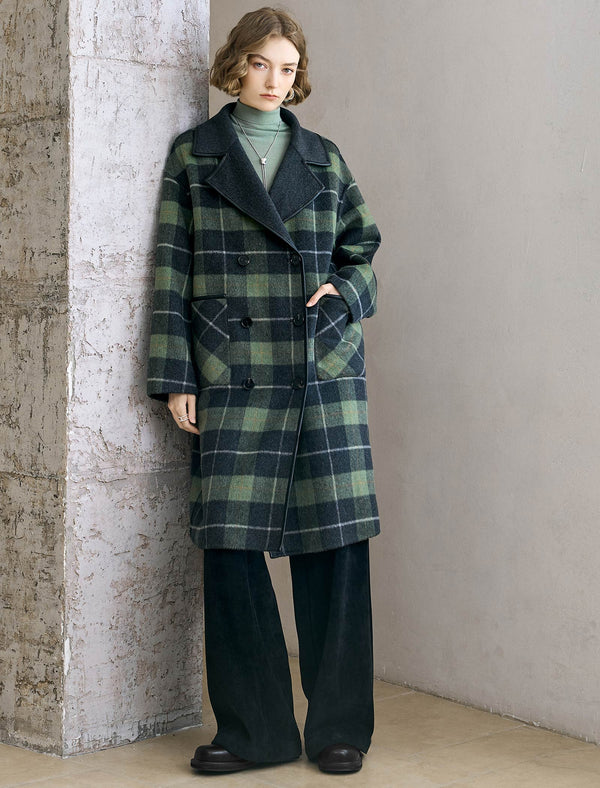 Reversible Plaid Wool-Blend Leather Trim Coat